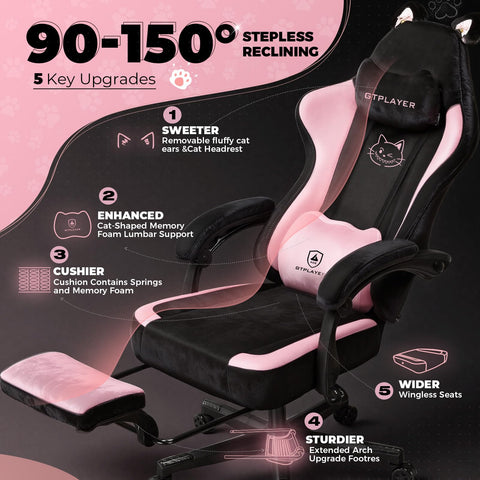 GTPLAYER pink gaming chair cat headrest provides supportive neck alignment during gaming