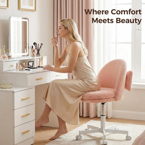 GTPOFFICE vanity chair in pink velvet with soft, luxe styling for any space.