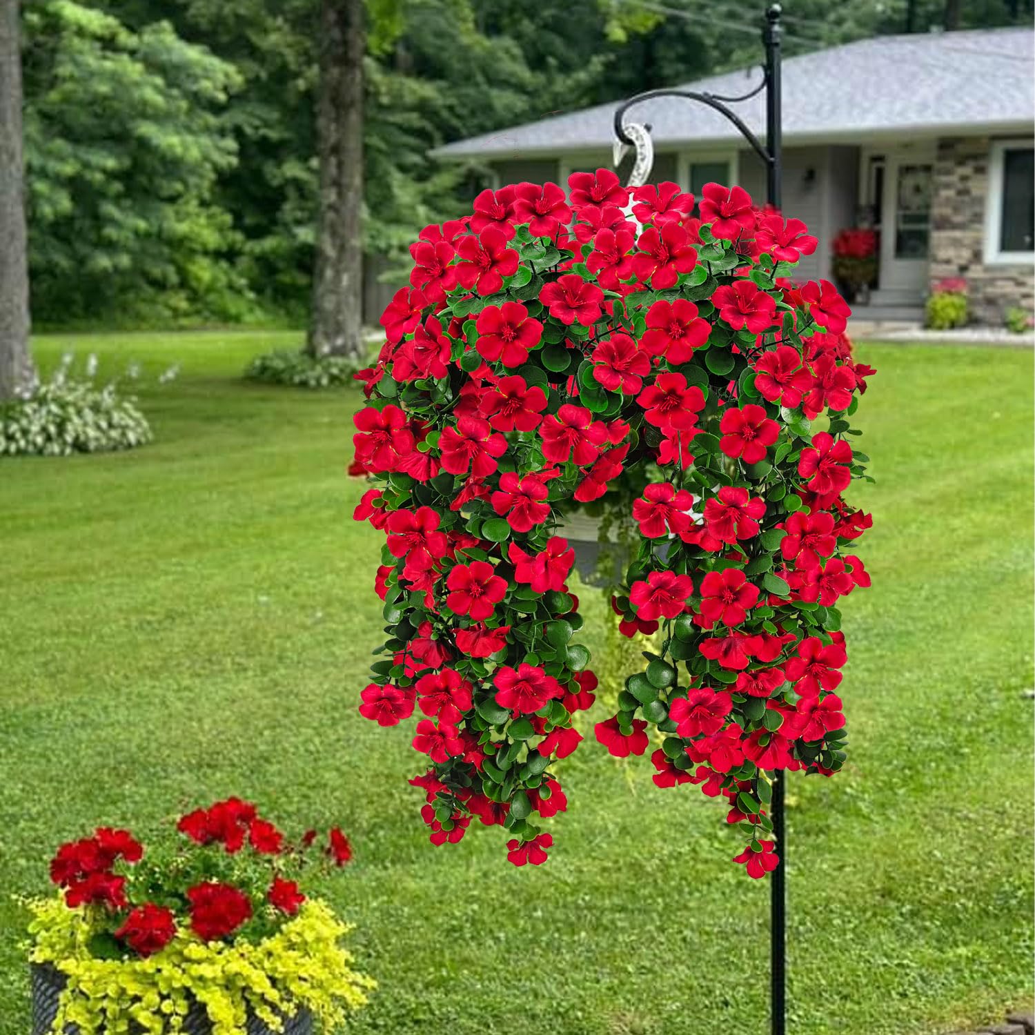 Guagb faux outdoor flowers require no watering for year-round color.