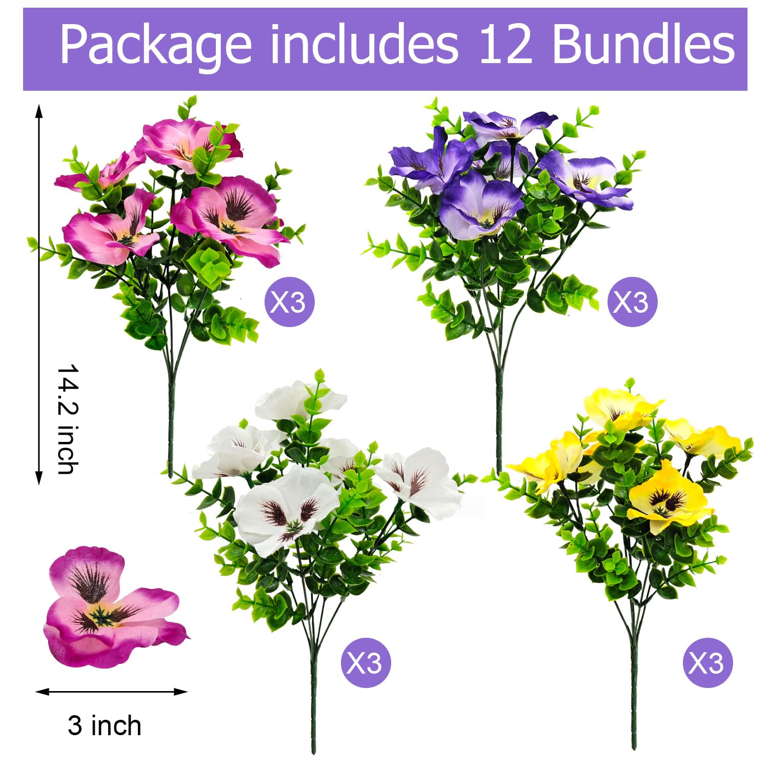 Guagb Pansies silk pansies with eucalyptus leaves for UV-resistant exterior decor