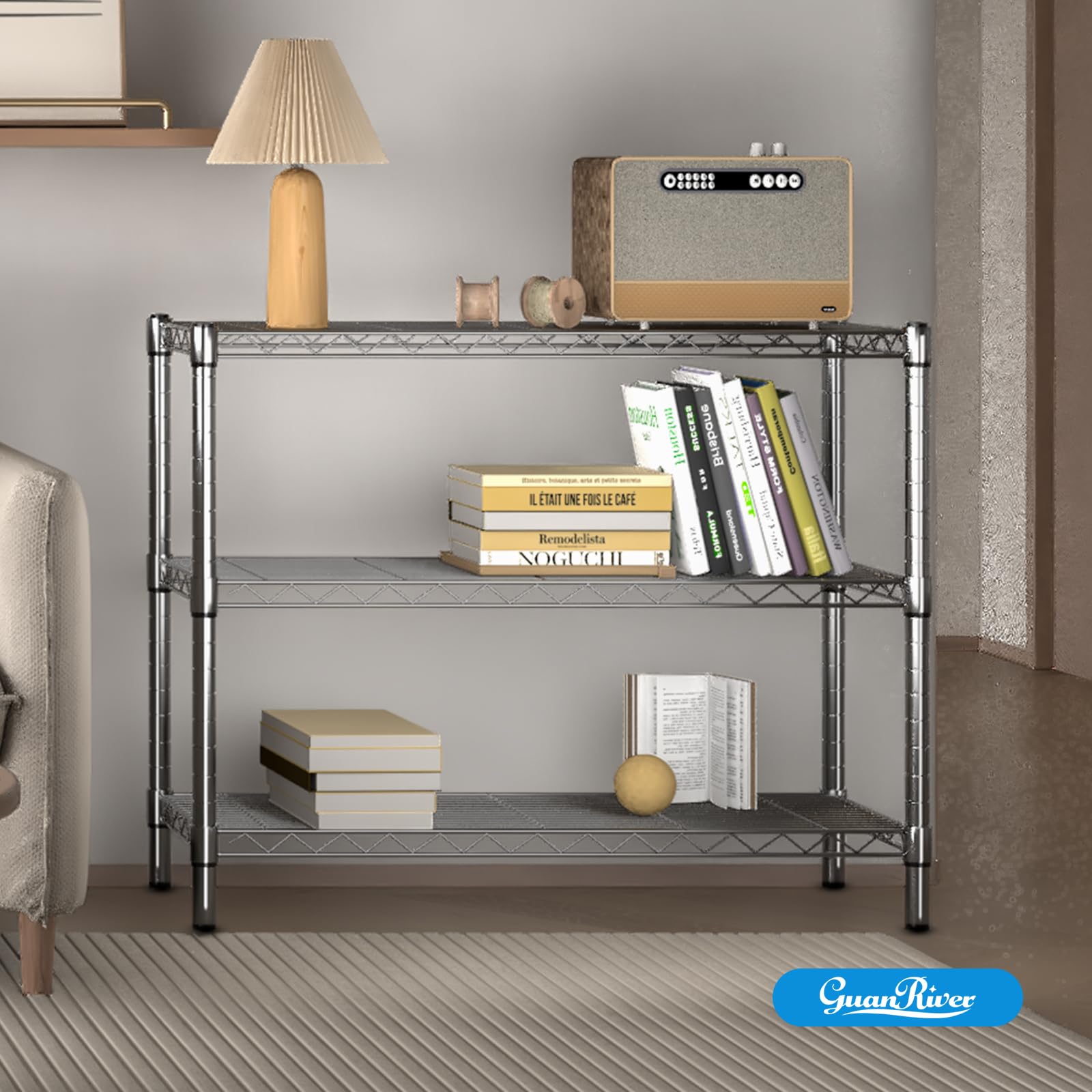 Guan River chrome shelving fits offices, kitchens, baths, and laundry.