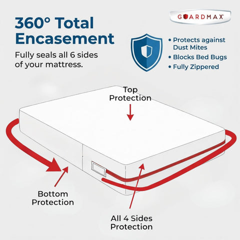 Guardmax dust mite proof cover helps reduce allergens for nightly rest.