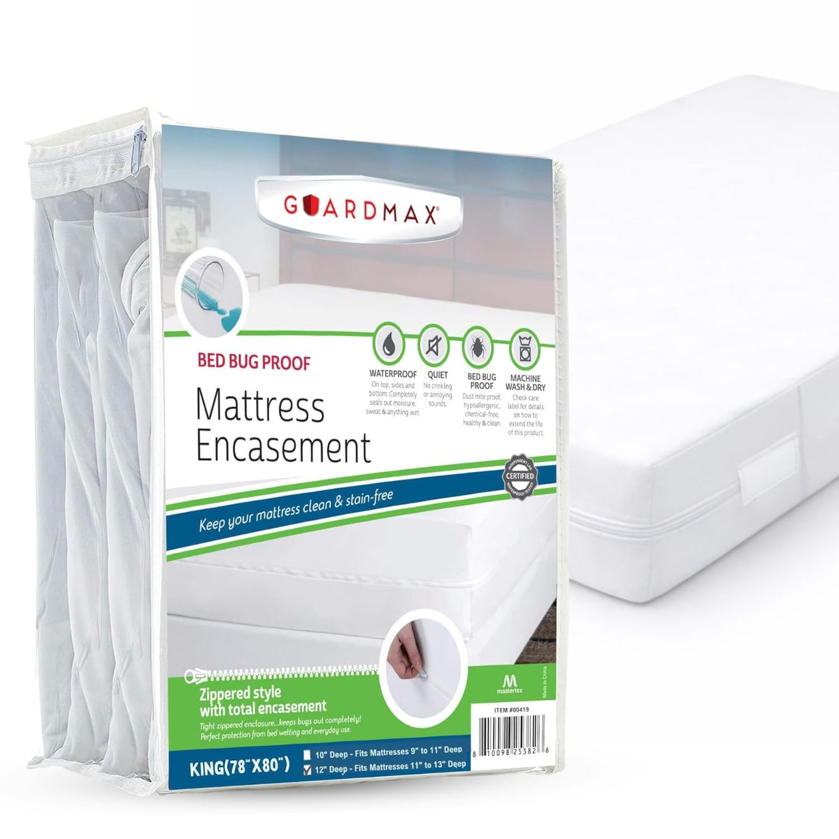 Guardmax jersey-knitted king mattress encasement provides soft, breathable protection for king beds.