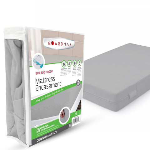 Guardmax jersey-knitted queen mattress encasement, soft fabric with waterproof protection.