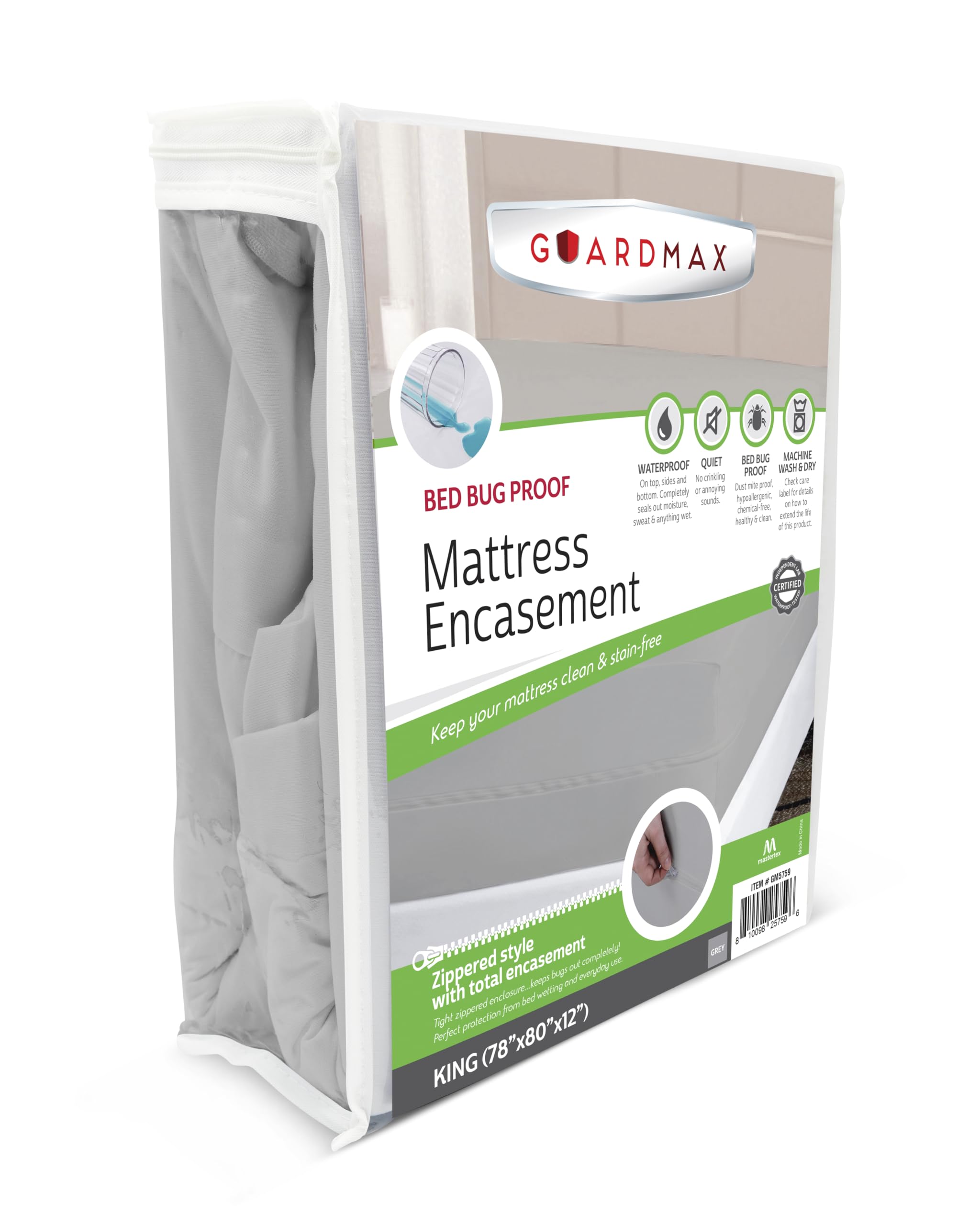 Guardmax king mattress encasement with zipper closed for full coverage.