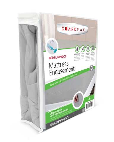 Guardmax king mattress encasement with zipper closed for full coverage.