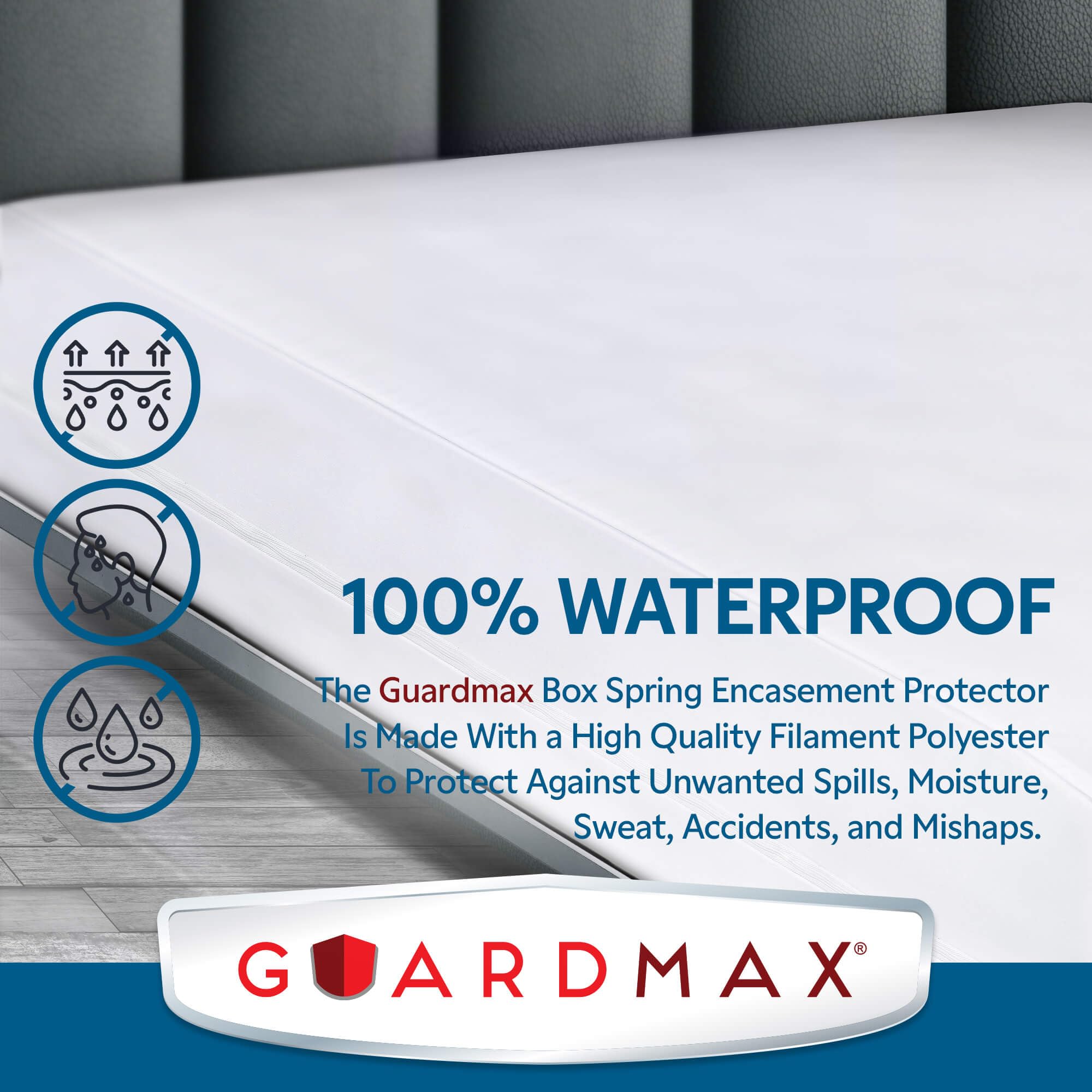 Guardmax Premium Box Spring Cover spill stain barrier keeps box spring clean after accidents.