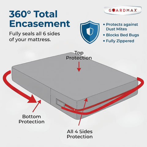 Guardmax zippered mattress protector ensures secure sealing and easy removal.