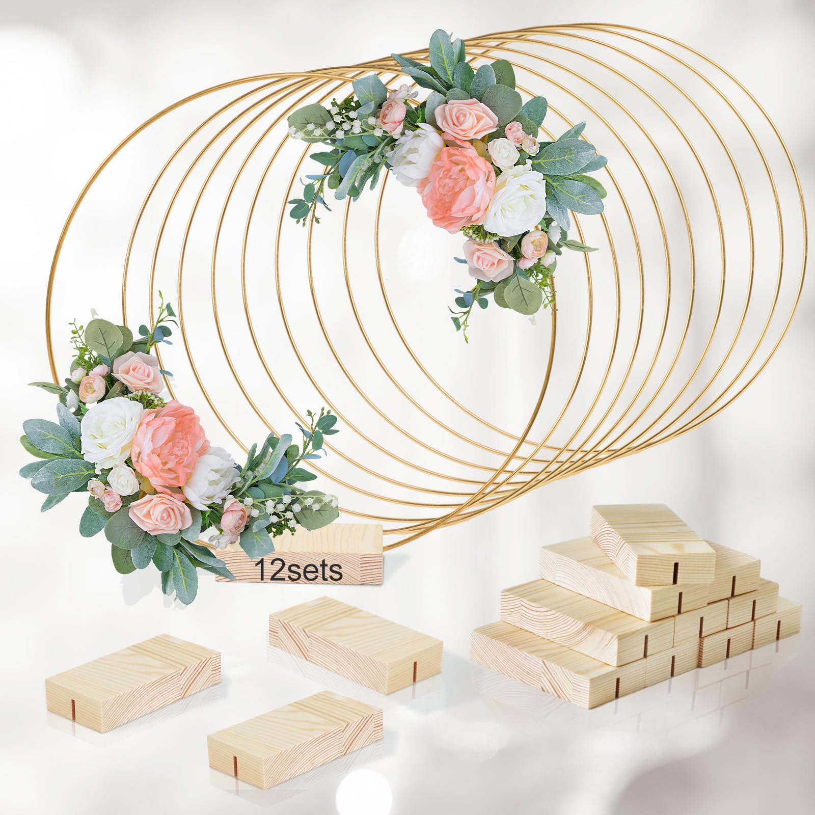 GUDELAK floral hoop centerpiece 12inch with wood base for rustic table charm