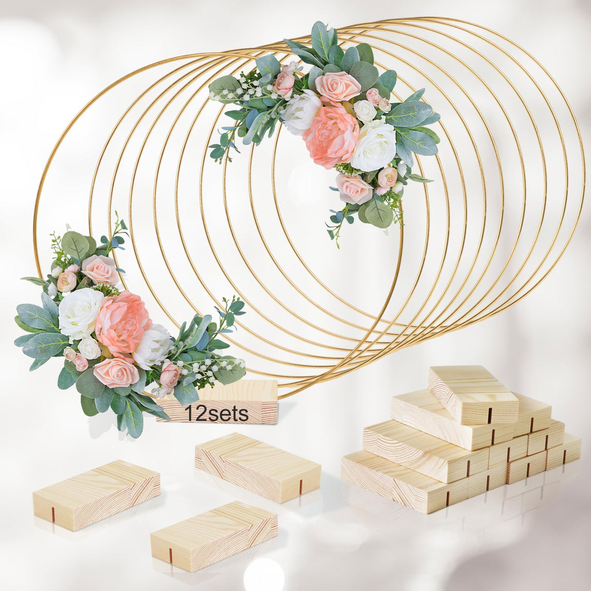 GUDELAK floral hoop centerpiece 12inch with wood base for rustic table charm