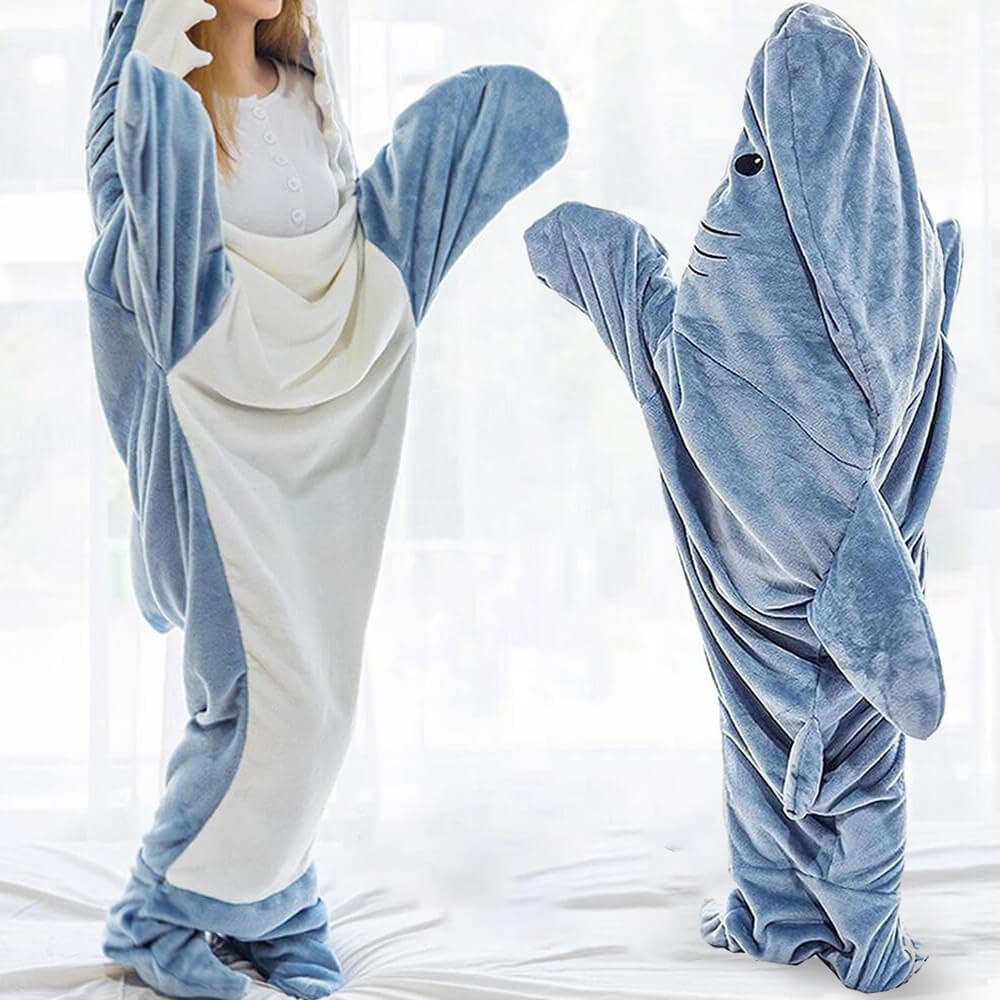 Gudina Shark Blanket Hoodie fin-tail detail for playful costumes and comfy lounging.