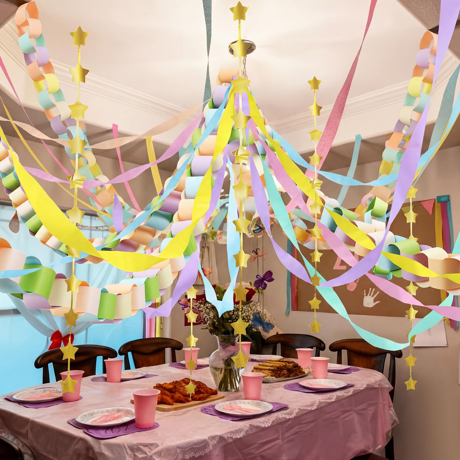 Gueevin multicolor decor setup adds cheerful color to any party space.