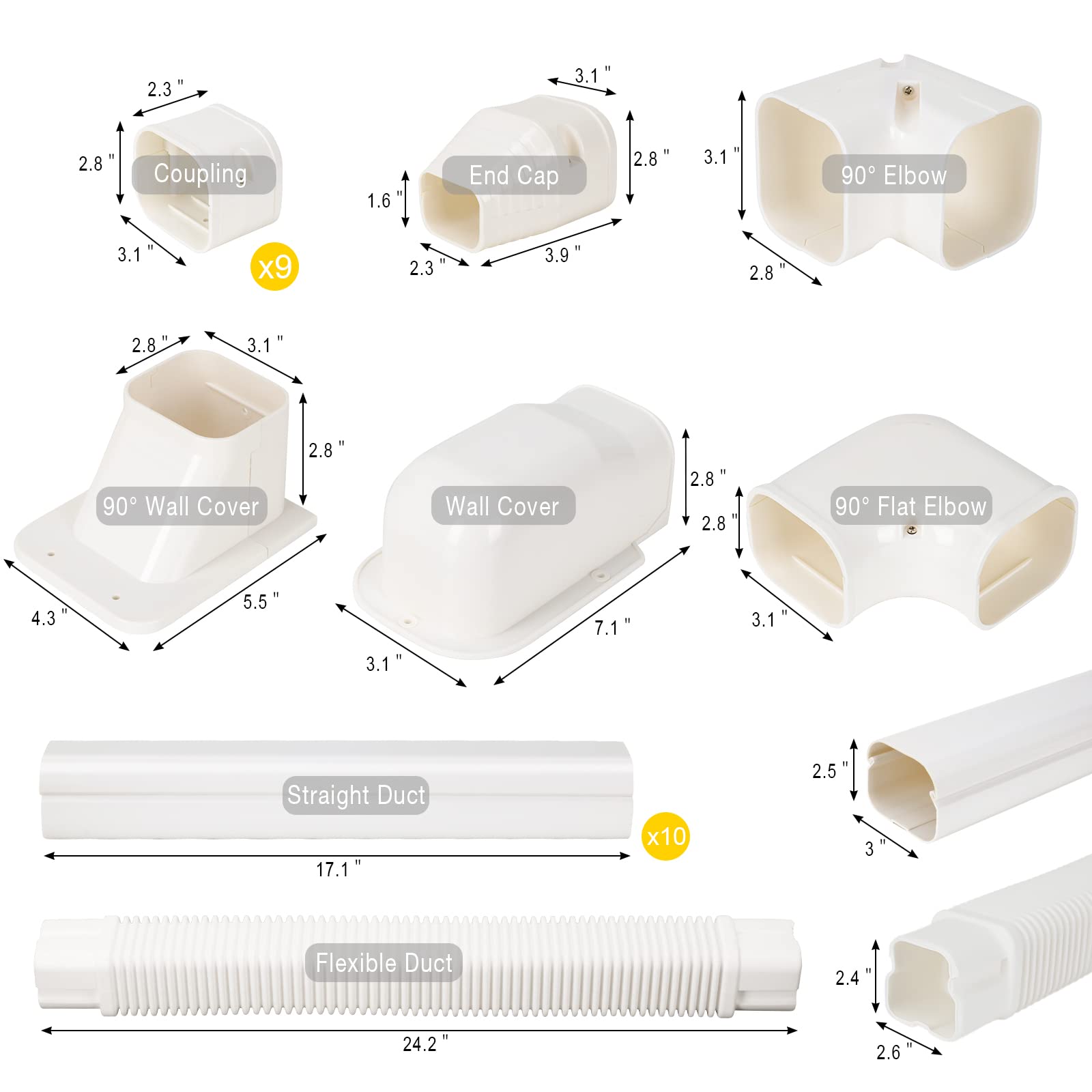 GUEQUITLEX 3-inch straight ducts arranged neatly for a clean exterior.