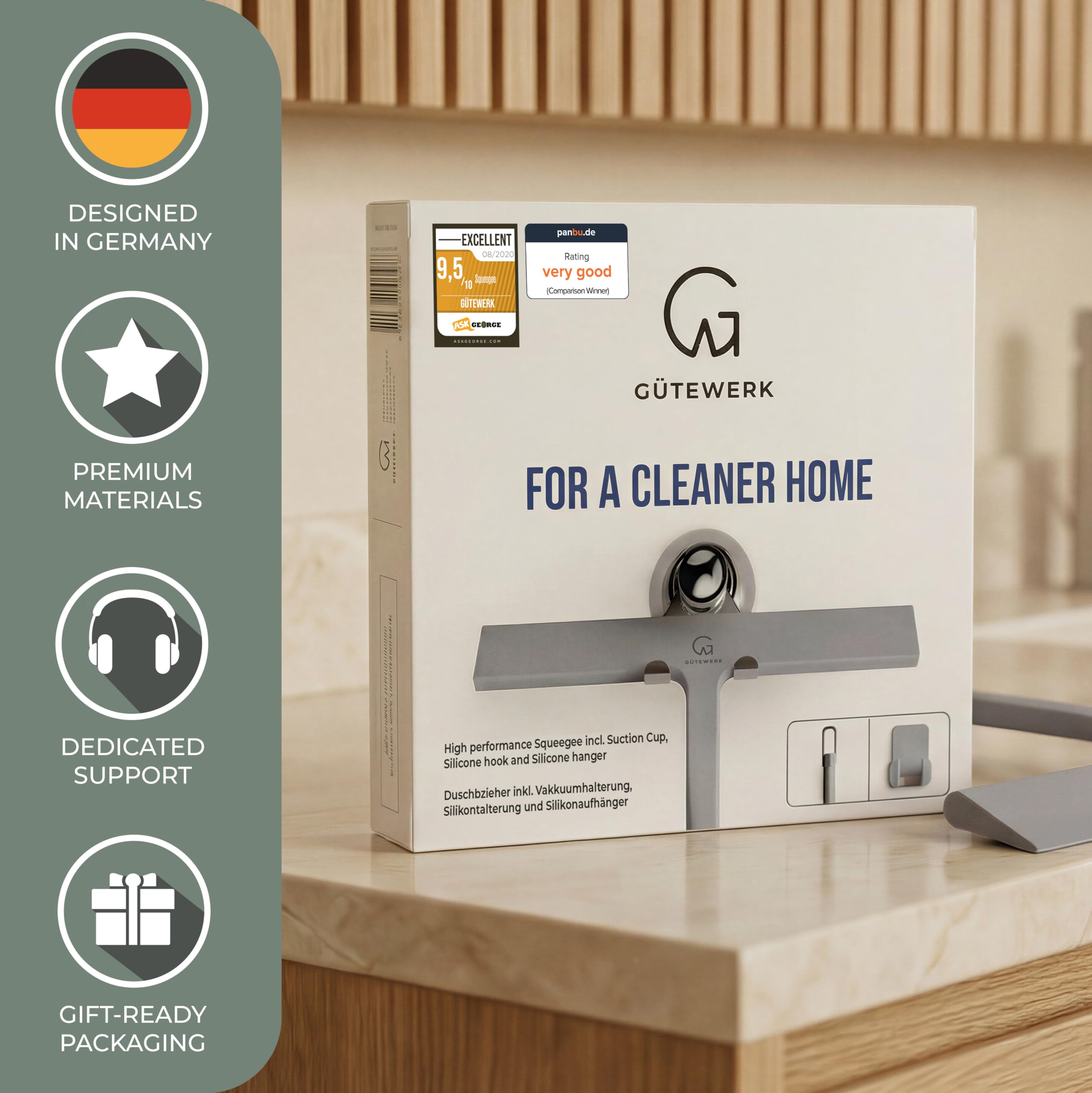 GÜTEWERK ergonomic squeegee offers comfortable grip during cleaning