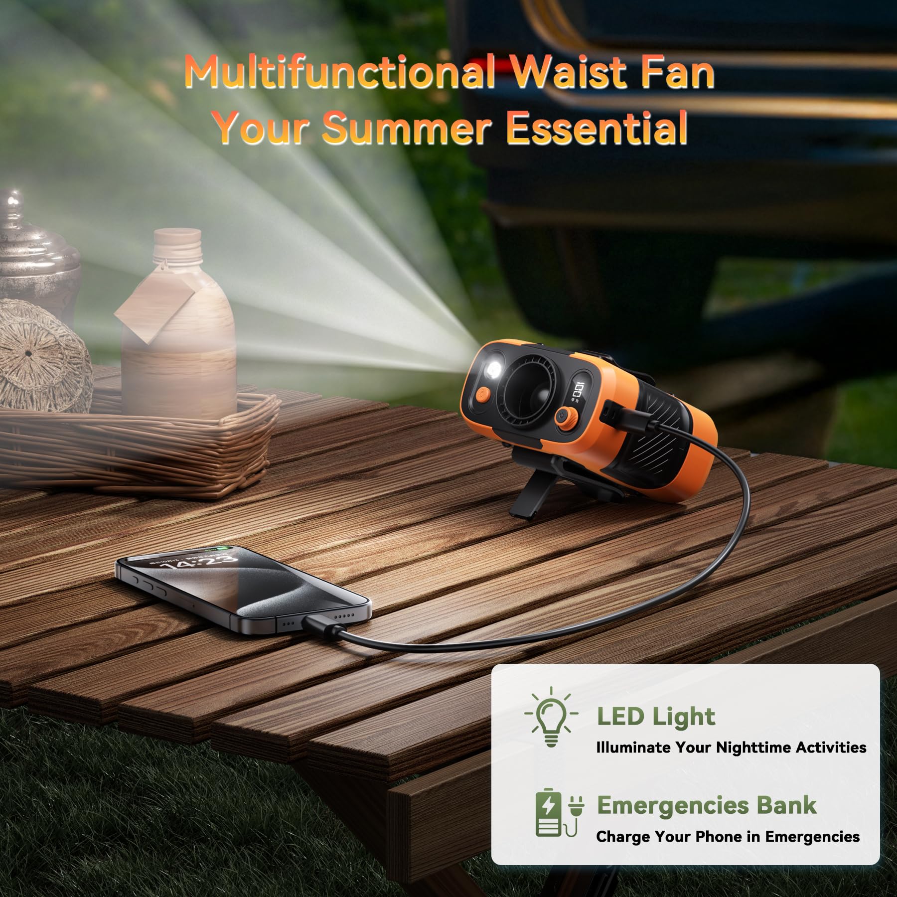 Guffawz waist fan LED SOS light improves visibility in low light.