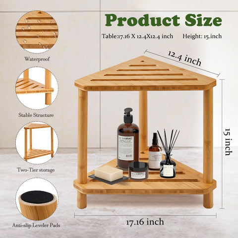 GUGIGIP Bamboo Corner Shower Stool side angle highlights ergonomic footrest for shaving.