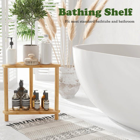 GUGIGIP Bamboo Shower Stool with Storage shows convenient bath item shelf.