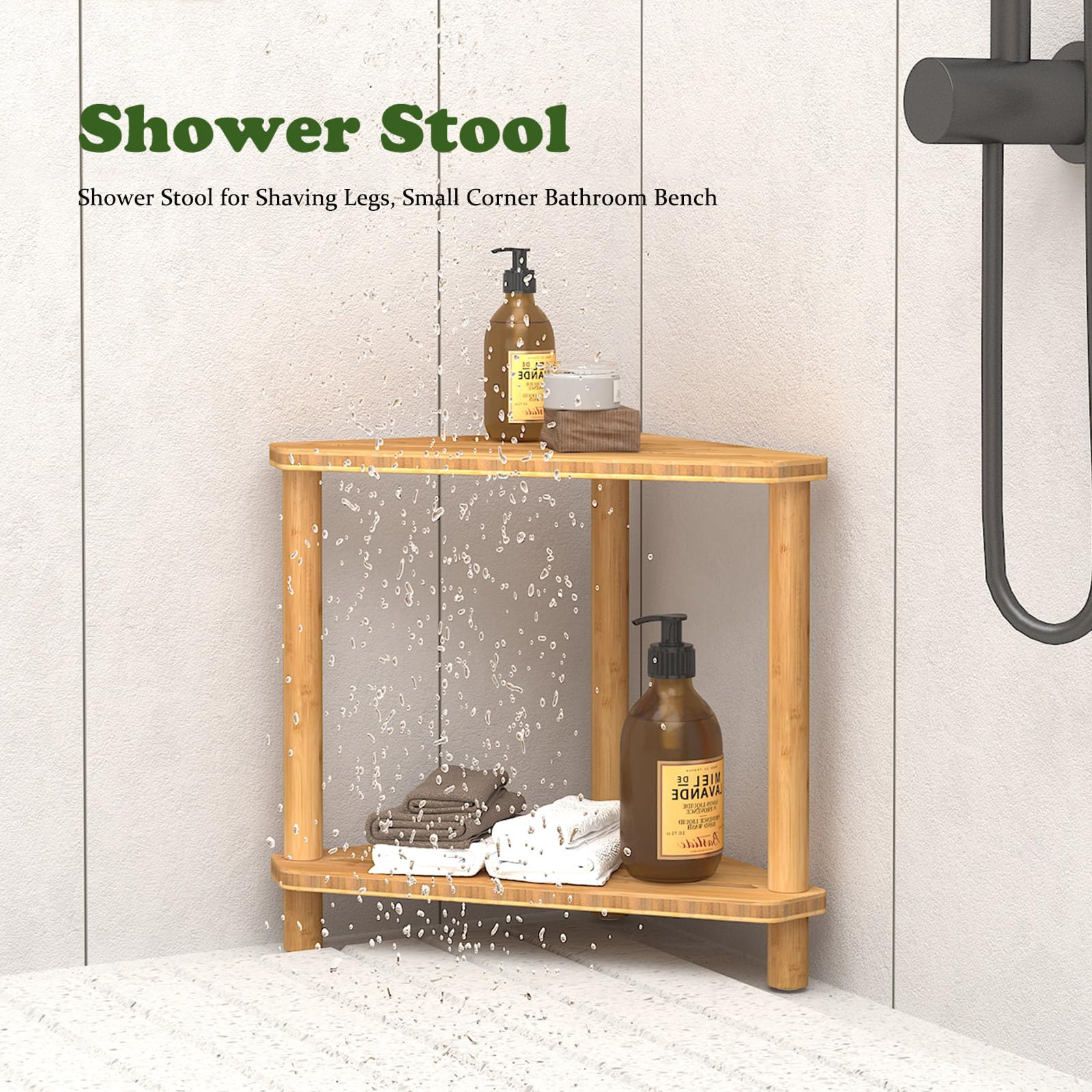 GUGIGIP Bamboo Corner Stool anti-slip feet prevent slipping on wet tiles.