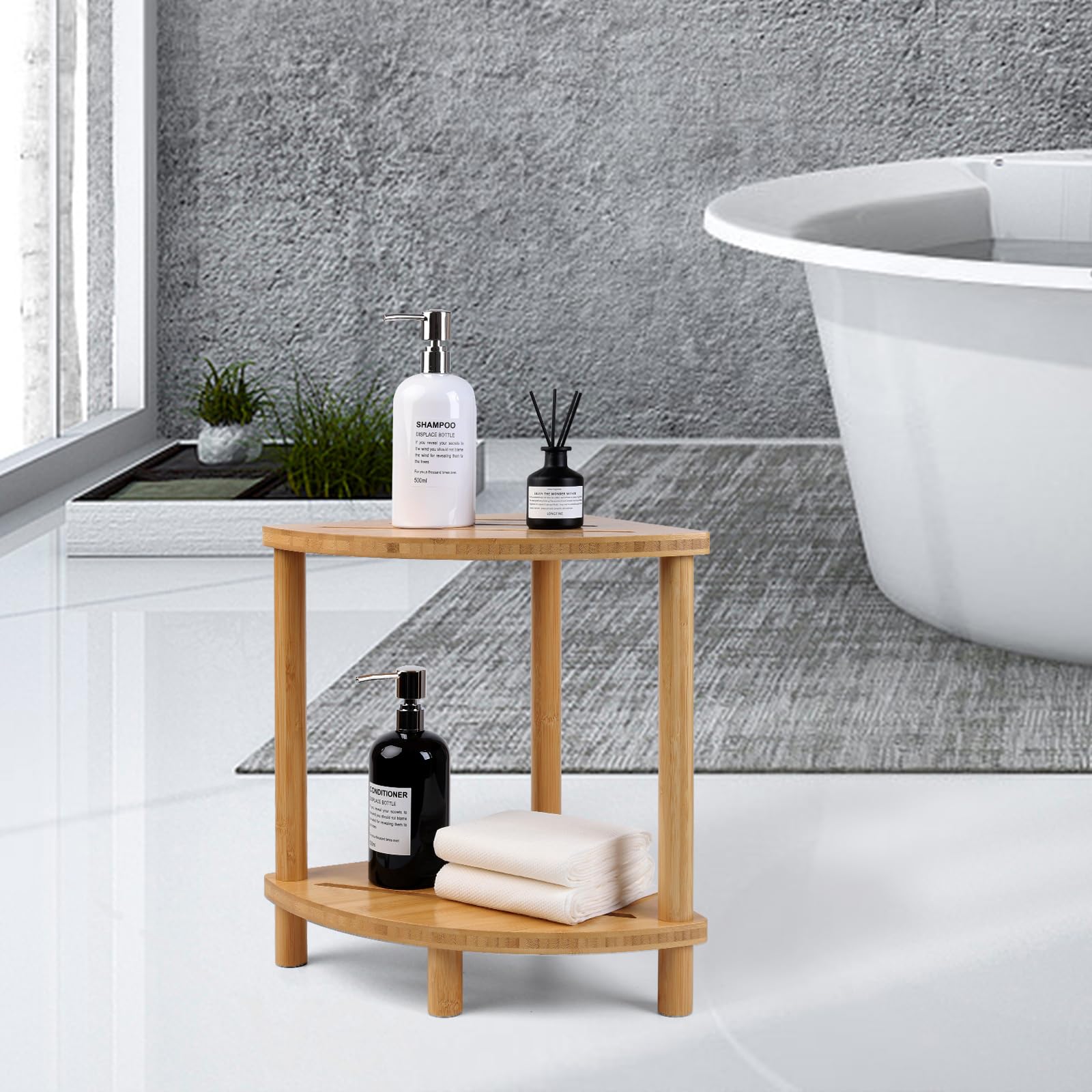 Corner placement of the GUGIGIP stool in a bathroom