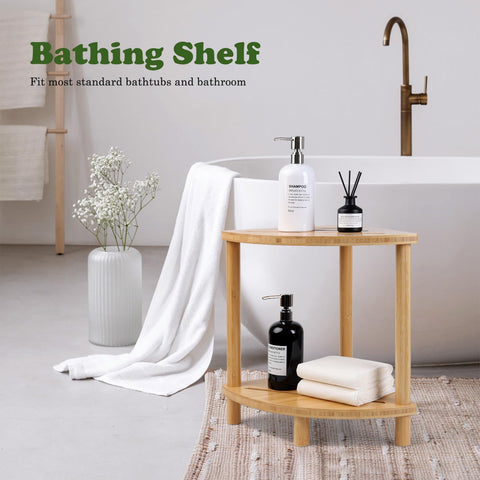 Storage shelf on the GUGIGIP corner stool holds shower essentials