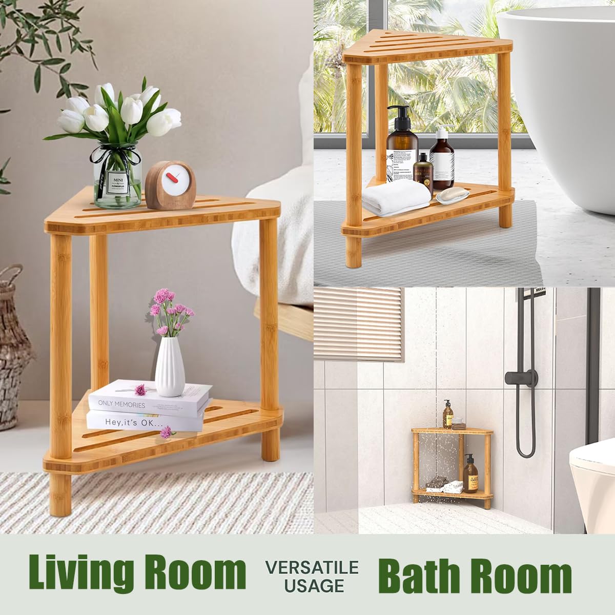 GUGIGIP Bamboo Corner Stool two-tier design supports footrest and bottom shelf.