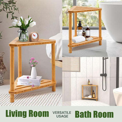 GUGIGIP Bamboo Corner Stool two-tier design supports footrest and bottom shelf.