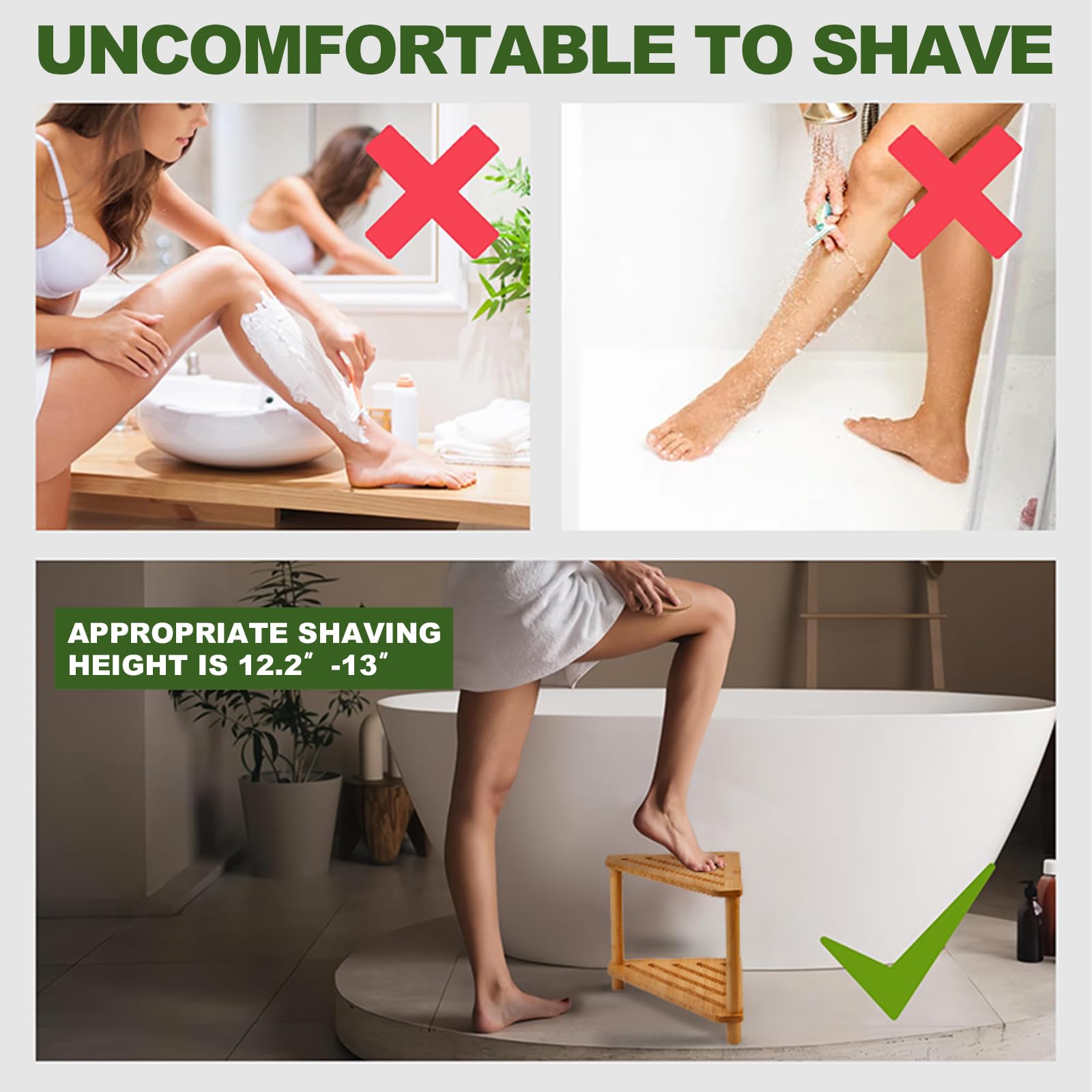 GUGIGIP Bamboo Shower Stool placed in bathroom demonstrates two-tier versatility.