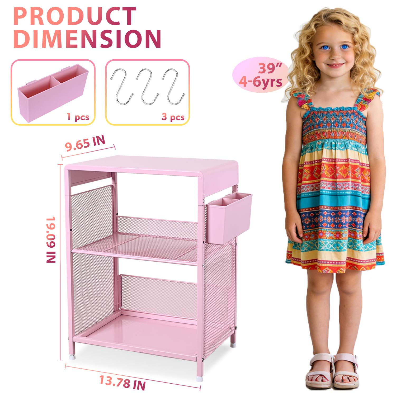 Gugsey pink nightstand with desktop area keeps alarms and cups within reach.