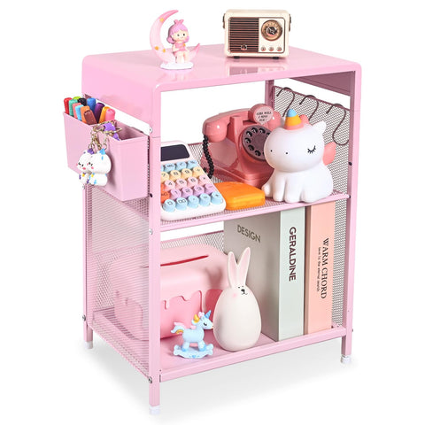 Gugsey pink small nightstand with hooks offers handy storage for kids.