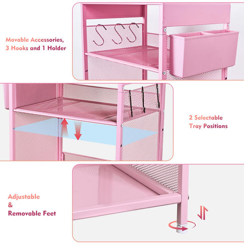 Gugsey pink nightstand with open storage rack for toys and books.