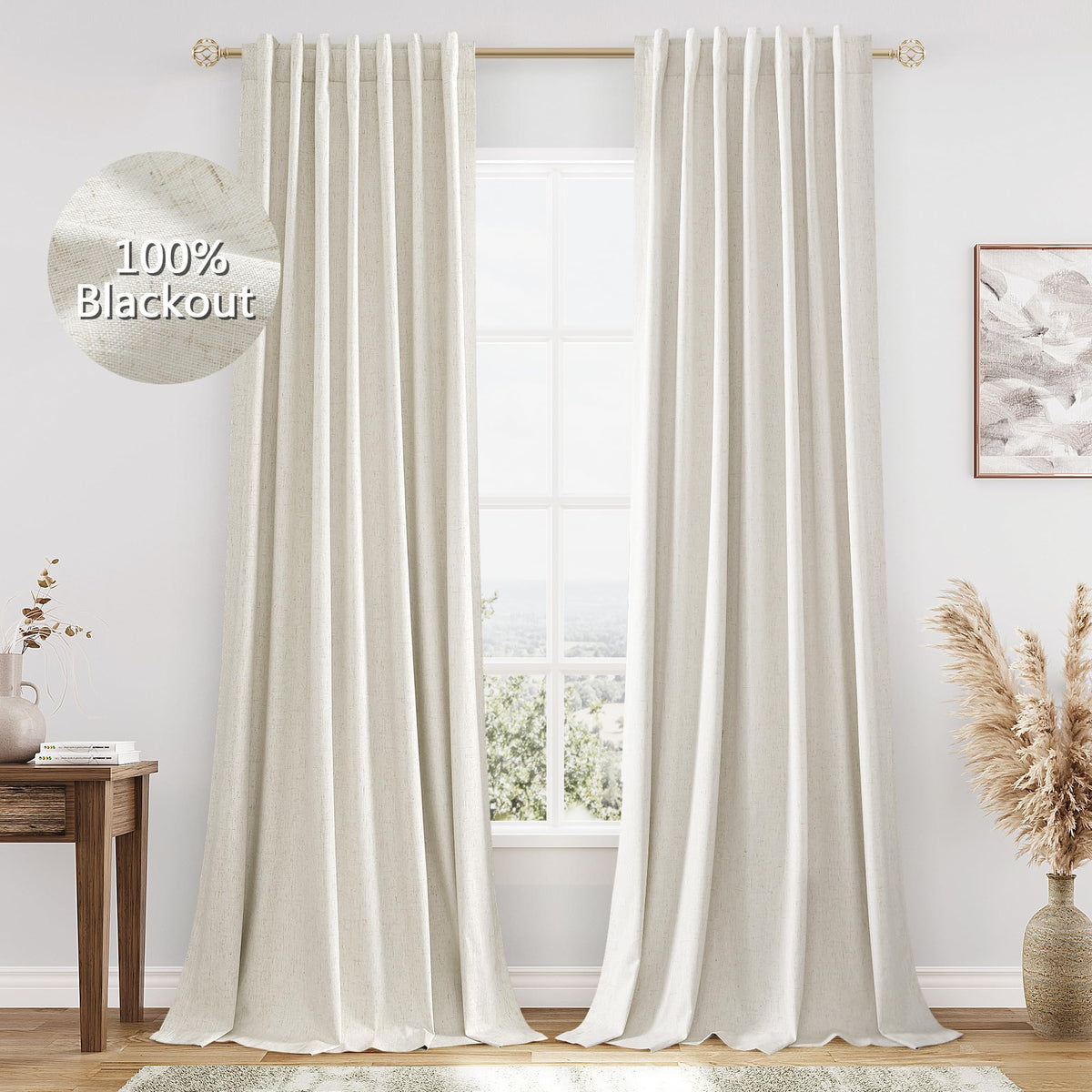 Guken cream blackout linen curtains, 90-inch pair blocks light for private sleep
