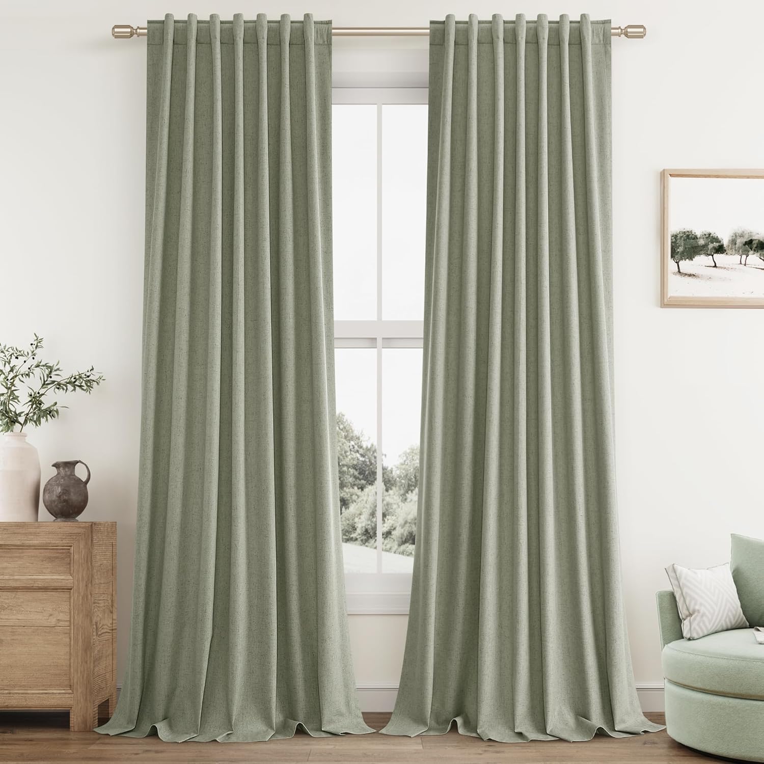Guken Sage Green blackout curtains 84in front view with full light blockage for restful rooms.