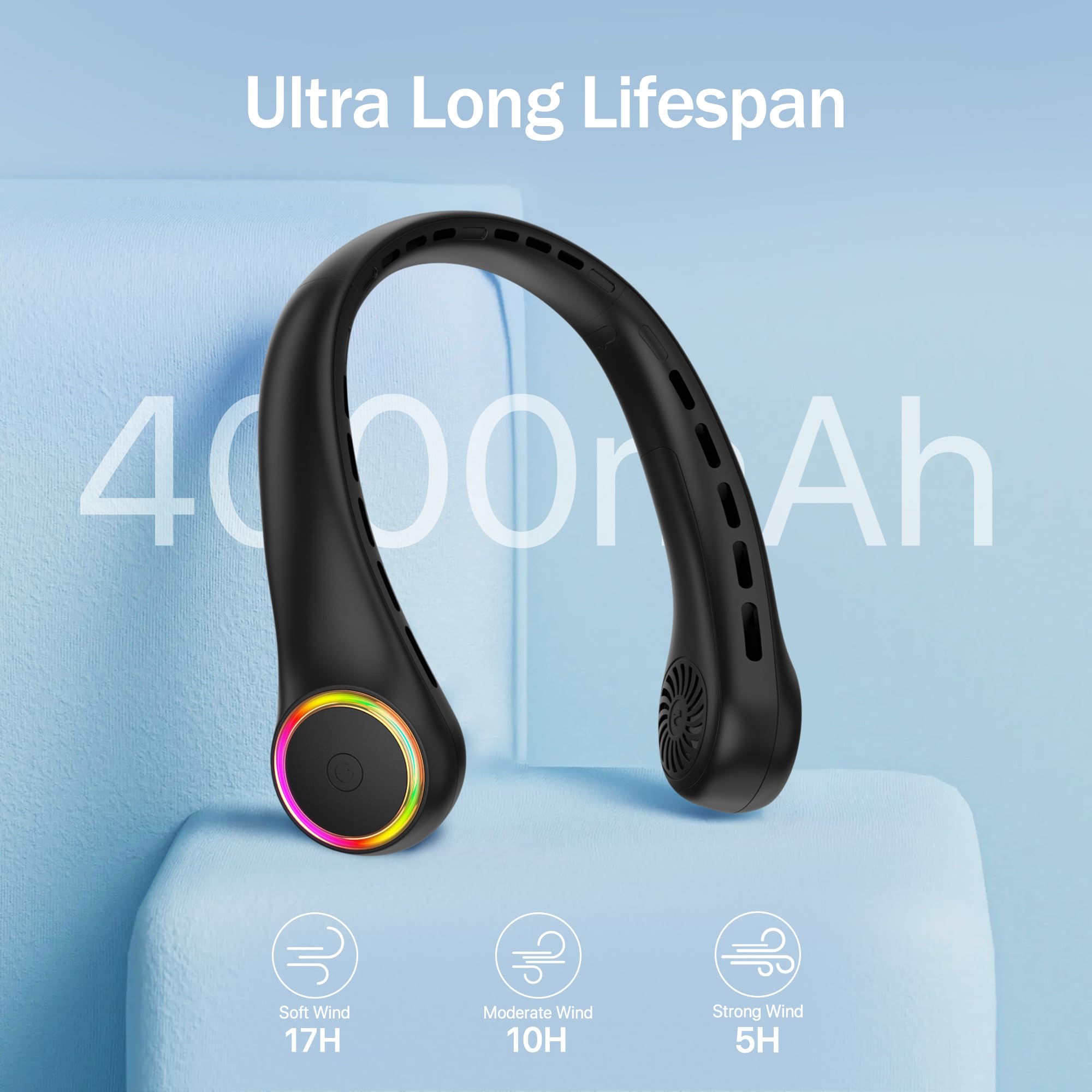 GULAKI neck fan showing 3 adjustable wind speeds
