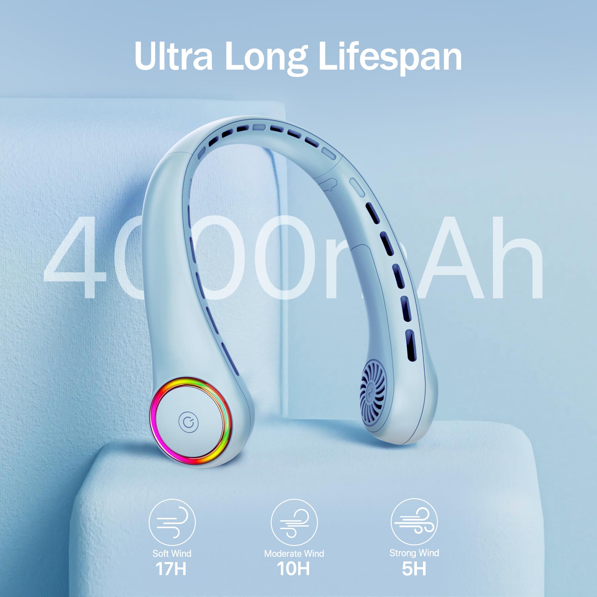 GULAKI neck fan showing its 4000mAh battery for long-lasting use.