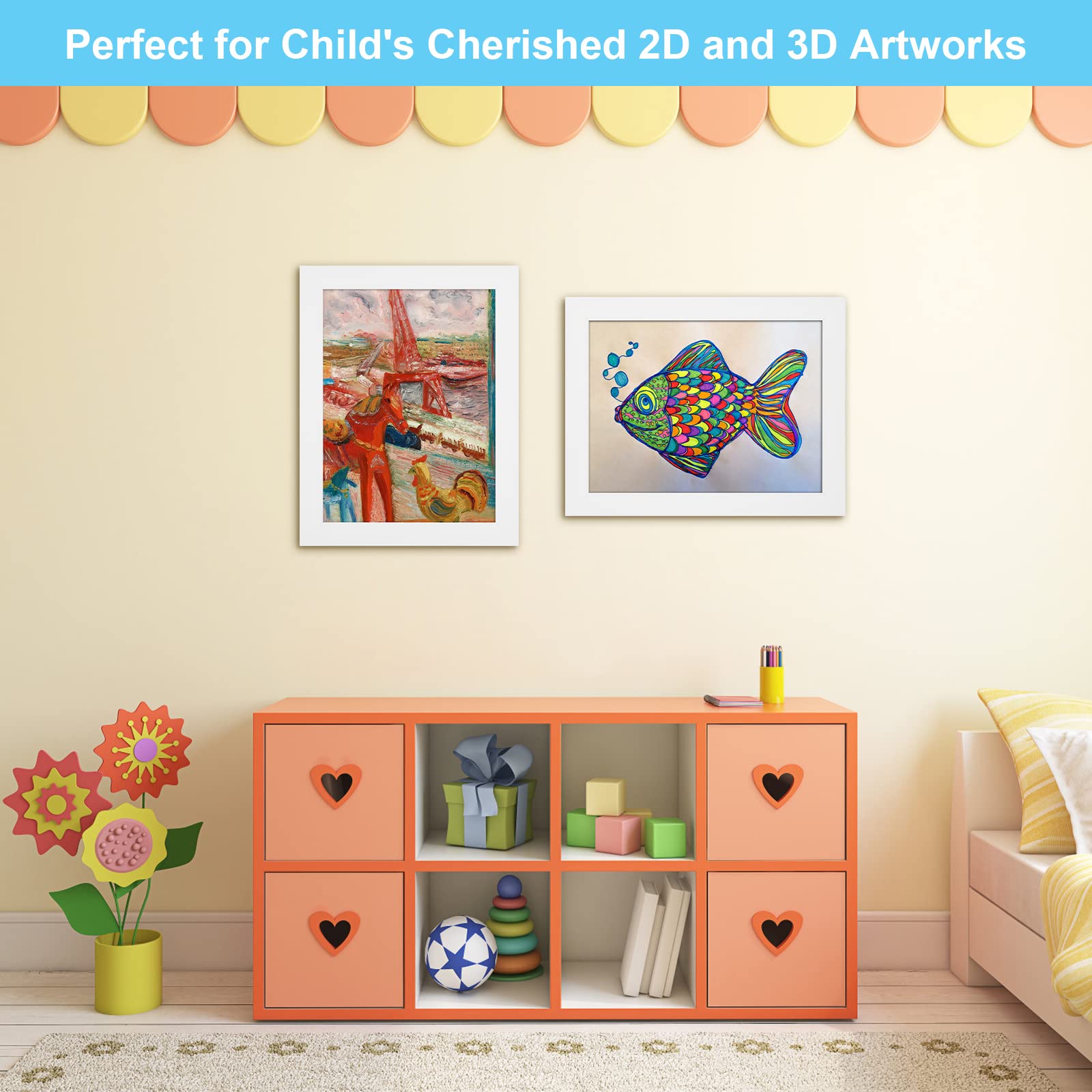GULETHUN kids art frame holds up to 50 pieces of artwork.