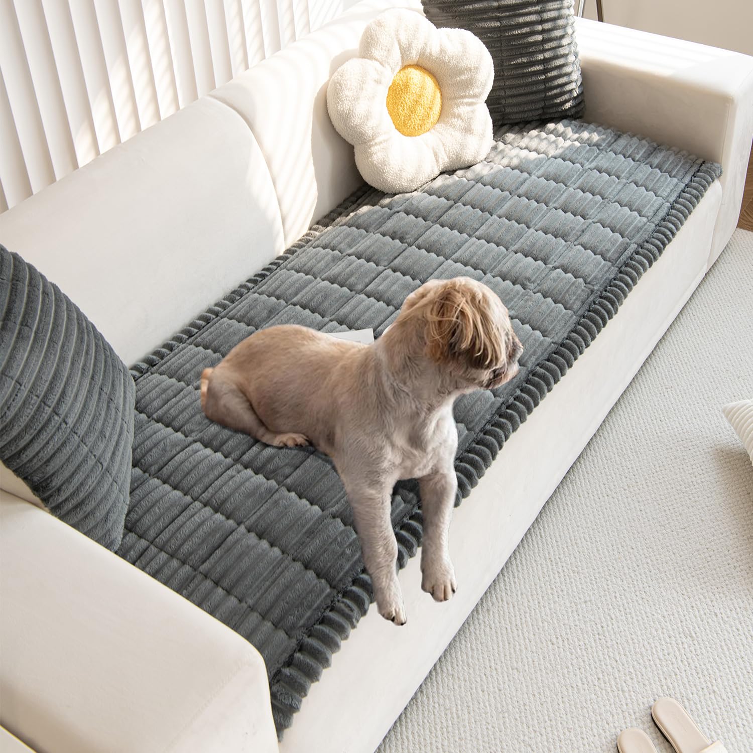 Close-up of Gumfolk fabric texture highlights soft, sturdy polyester for daily pet use.
