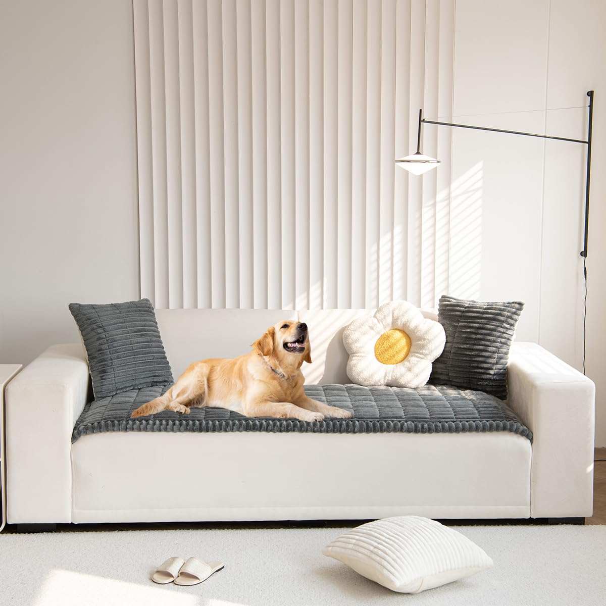 Gumfolk couch cover is machine washable for easy cleanup after pets.