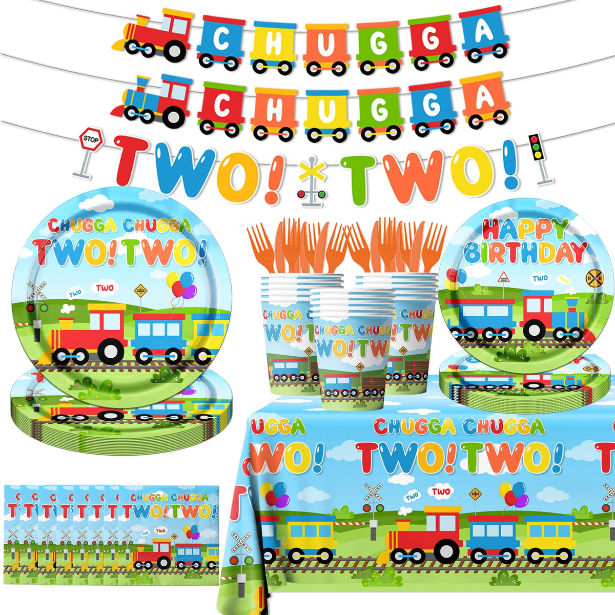 Gupesxu Chugga Chugga Two Two train tablecloth adds sturdy, tear-resistant surface for celebrations.
