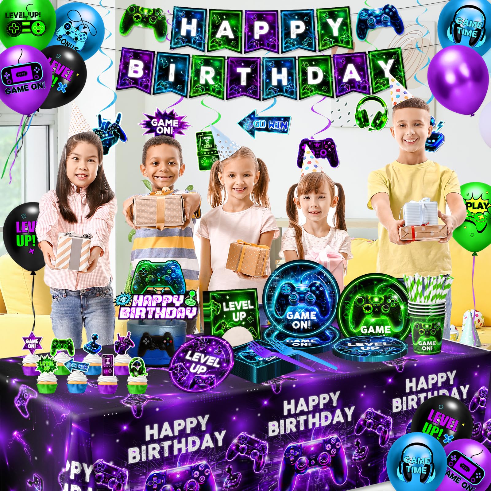 Gupesxu Game On neon banner adds immersive birthday vibes.