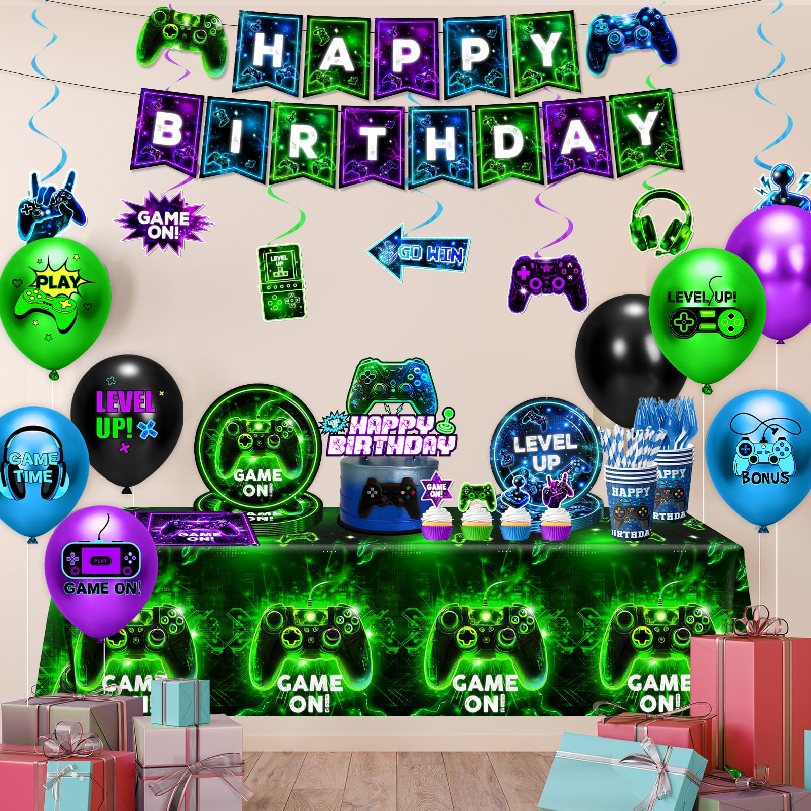 Gupesxu hanging swirls and balloons create dynamic game-themed accents.