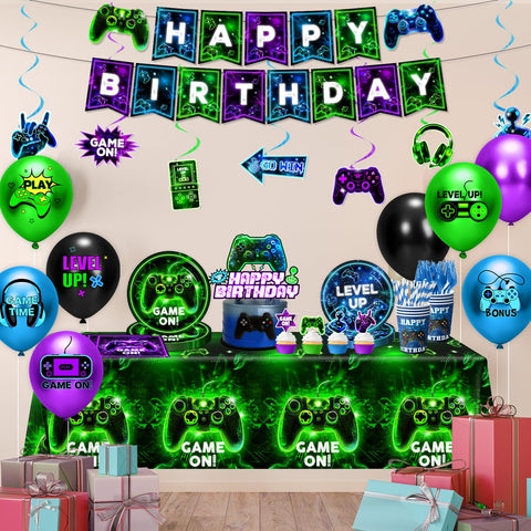 Gupesxu hanging swirls and balloons create dynamic game-themed accents.
