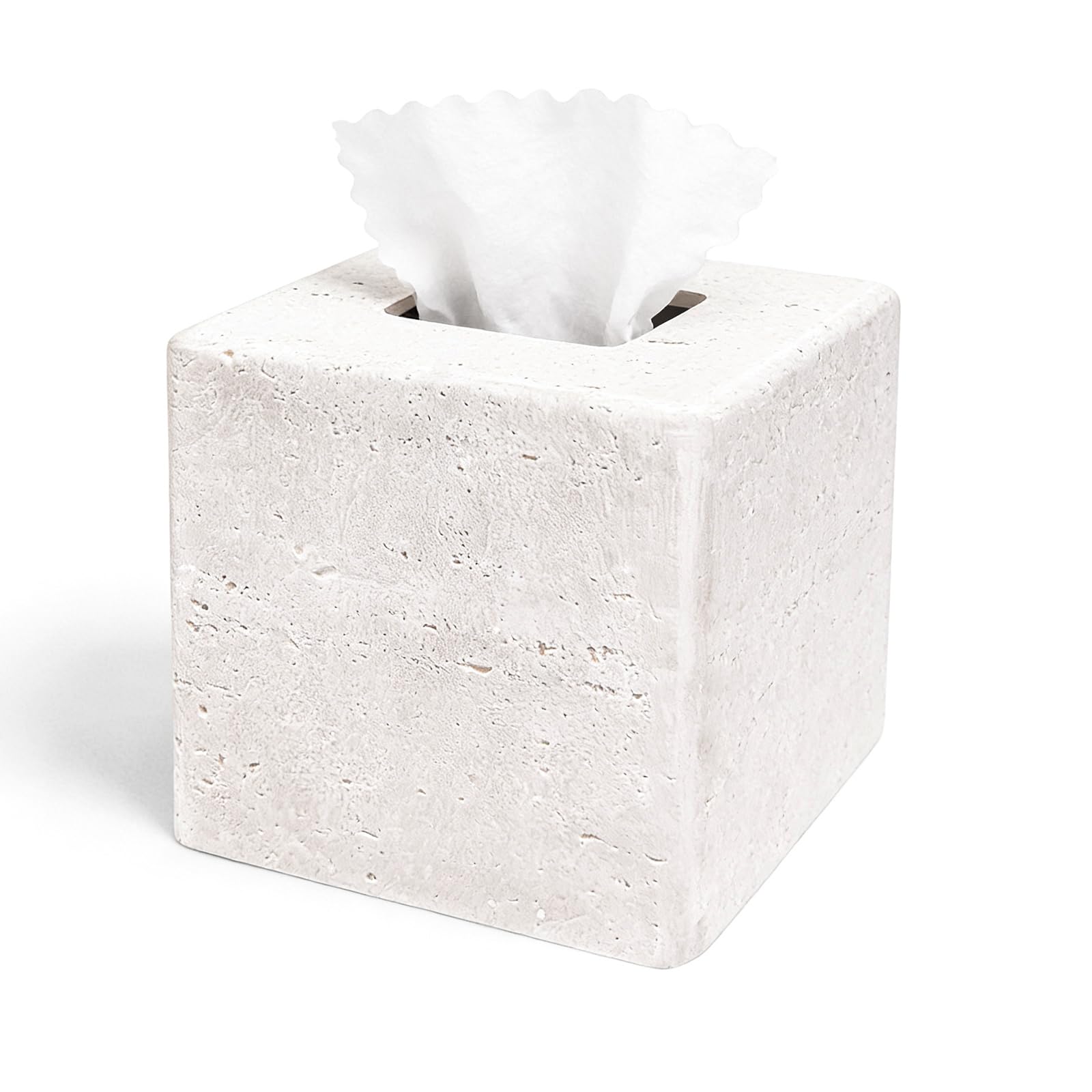 GUSFREUD decorative square tissue box cover in white resin adds stone-like elegance.