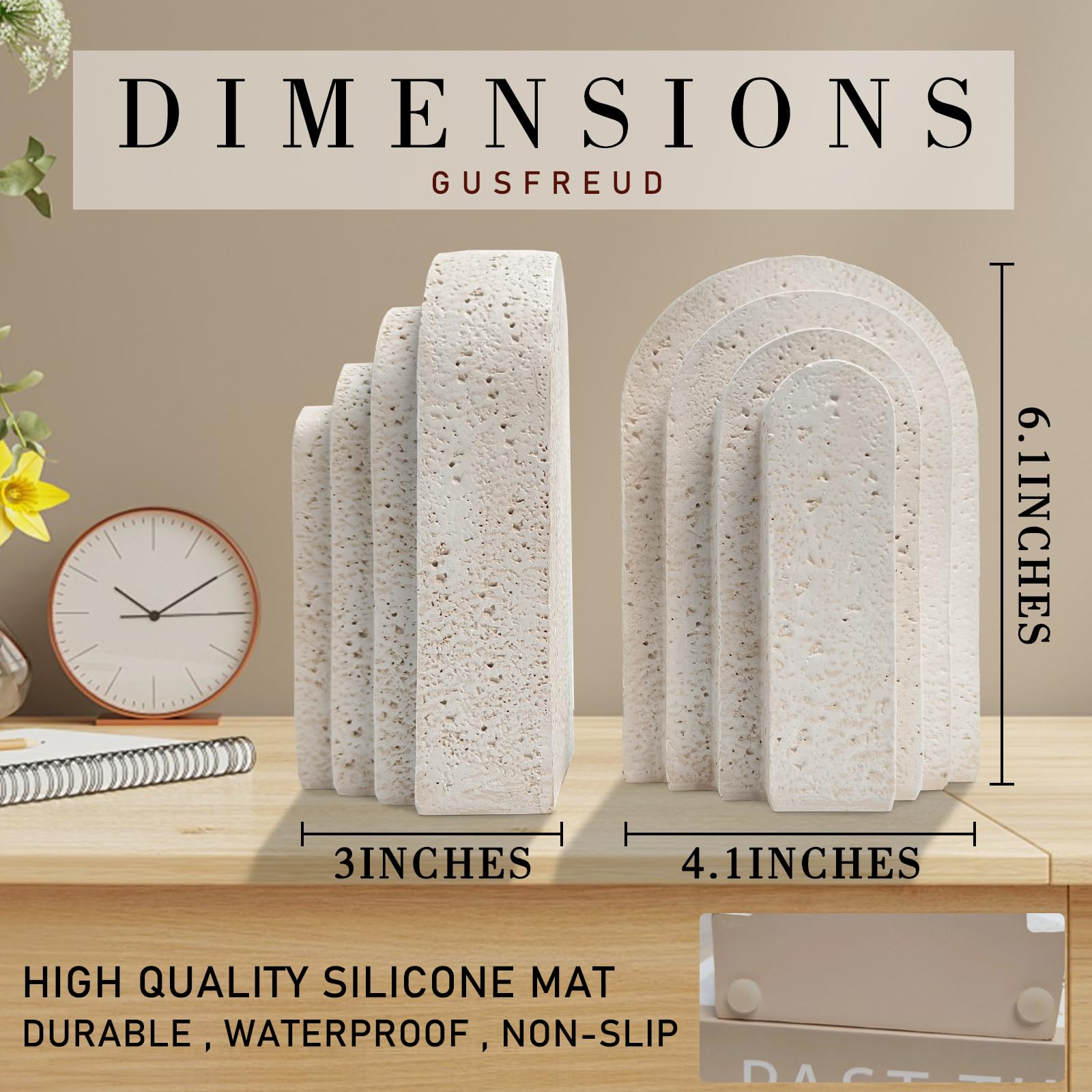GUSFREUD handmade book ends showcase unique craftsmanship on shelves.