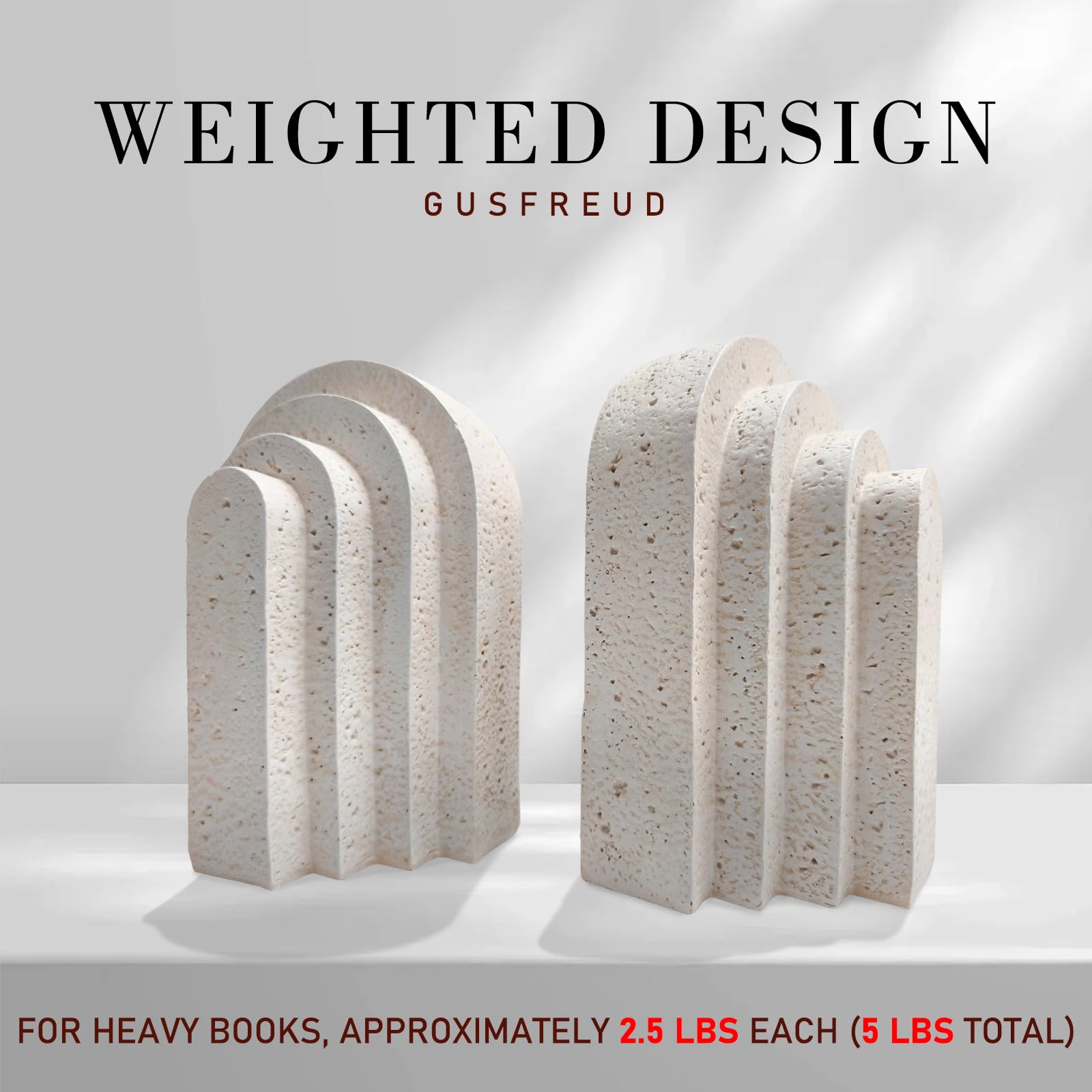GUSFREUD book ends stabilize heavy volumes on a shelf.