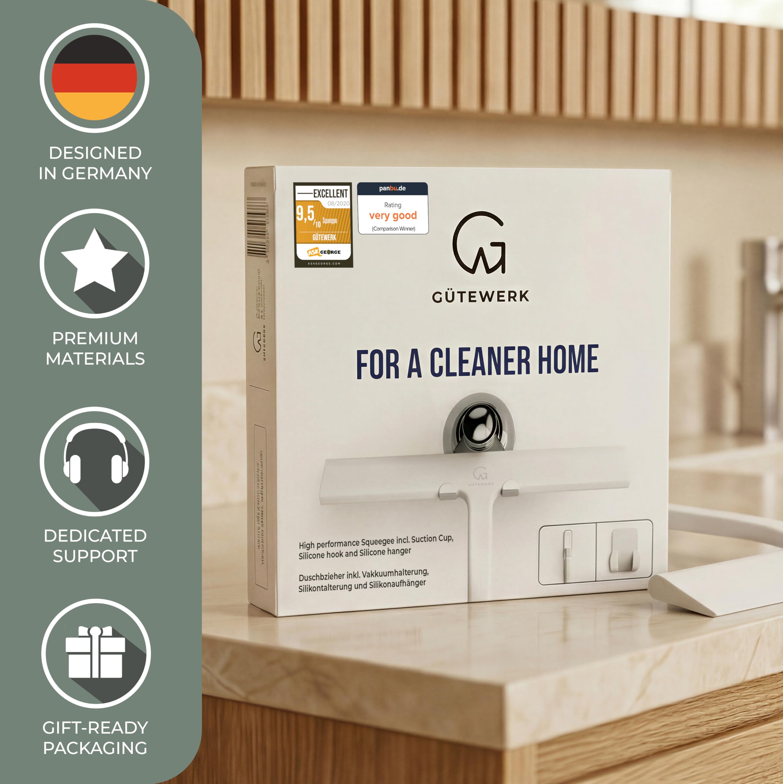 GÜTEWERK squeegee minimalist matte finish blends with modern bathrooms.
