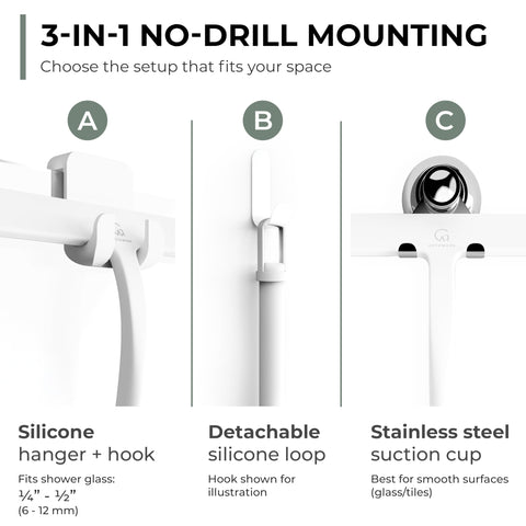 GÜTEWERK 3-in-1 mount enables no-drill installation for easy setup.