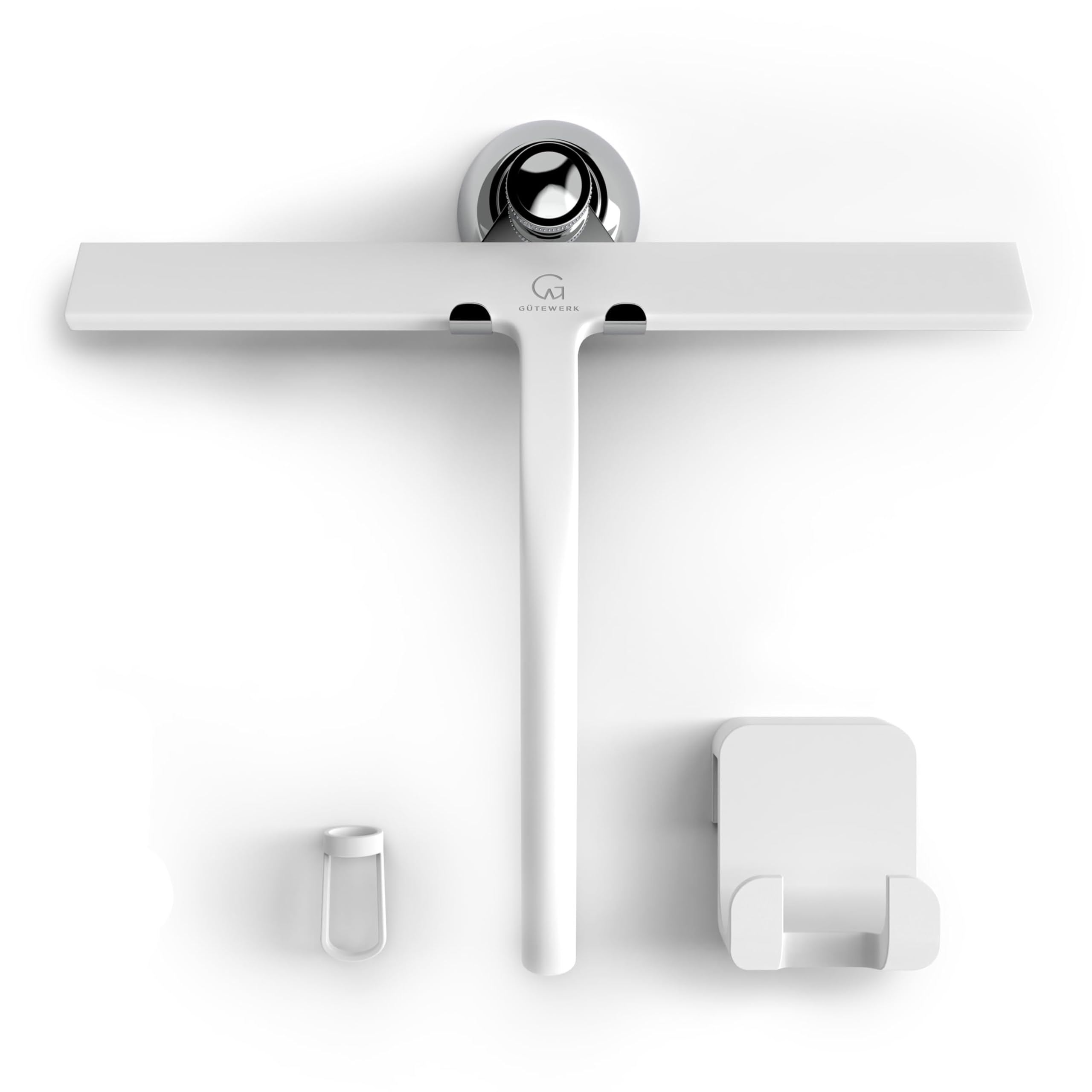 GÜTEWERK silicone shower squeegee on glass door for a clear, streak-free finish.