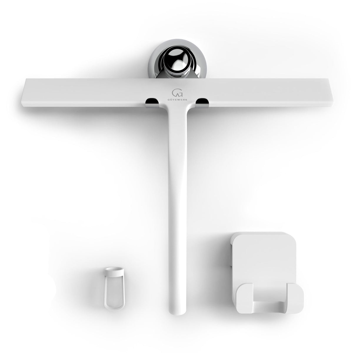 GÜTEWERK silicone shower squeegee on glass door for a clear, streak-free finish.