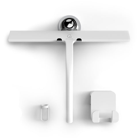 GÜTEWERK silicone shower squeegee on glass door for a clear, streak-free finish.