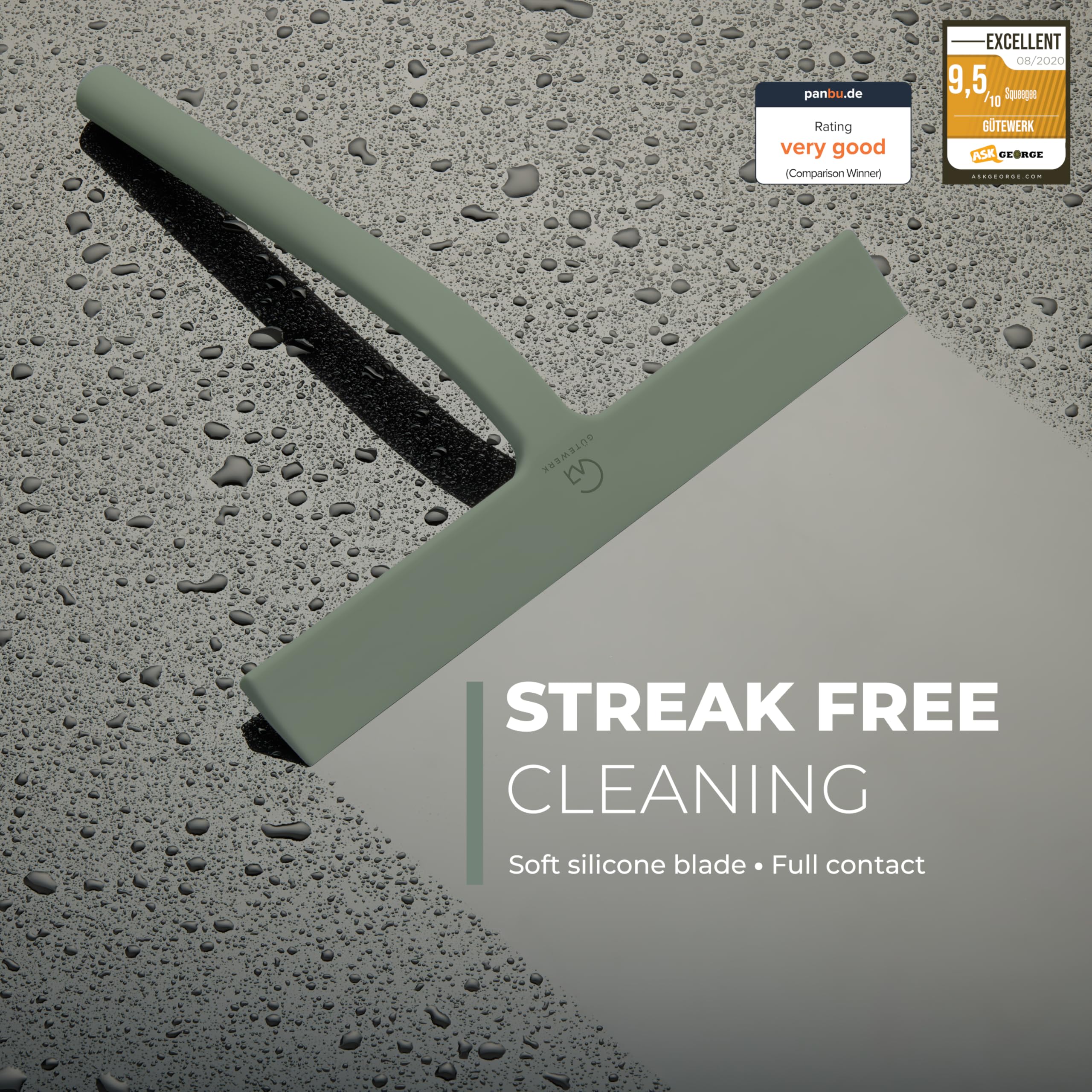 GÜTEWERK squeegee with stainless steel core installs easily on smooth surfaces